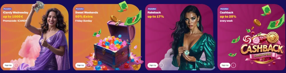 Dashboard promozionale del casinò Candy Spinz con vari bonus di deposito e ricarica.